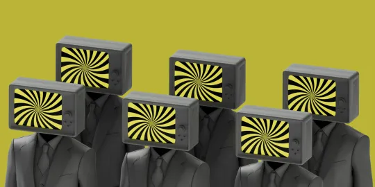 Zes figuurtjes staan naast elkaar, in maatpak maar met een tv-scherm als gezicht.