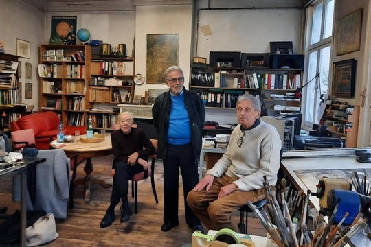Frieda Kuterna, Lucas De Pauw en Jean Block in een atelierruimte in de Antwerpse Wolstraat 31.