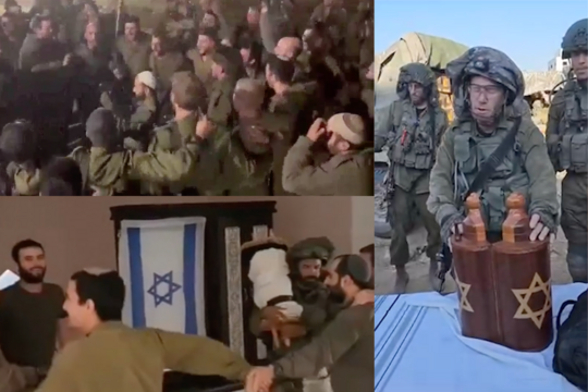 Collage met beelden uit filmpjes van religieus-zionistische soldaten in Gaza.