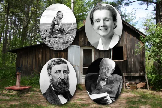 Vergeten groene denkers: collage met daarop in wijzerzin foto's van Aldo Leopold, Rachel Carson, Wendell Berry en Henry David Thoreau.