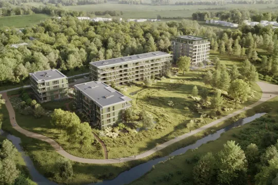 Een schets van het project Immerzeel+ dat Cores Development in Aalst wil bouwen, met vier appartementsblokken: twee van vijf verdiepingen, een van zes en ook een van zeven verdiepingen.