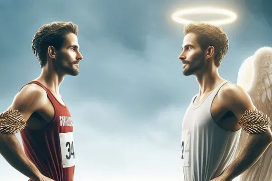Twee atleten staan tegenover elkaar, de ene als duivel, de andere als engel gekleed.