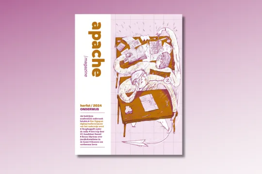 De cover van Apache Magazine #16, met als thema onderwijs, op een paars-witte achtergrond