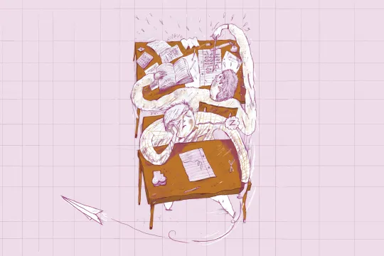 Tekening van twee leerlingen die rug aan rug aan hun lessenaar zitten. De ene verveelt zich stierlijk, de andere werkt zeer naarstig.
