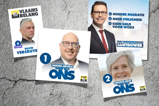 Fotocollage met verkiezingsaffiches van kandidaten voor Vlaams Belang (vlnr): David Vercruysse (Hoboken), Ortwin Depoortere (Deinze-Nevele), Marleen Govaerts (Knokke-Heist) en Tom Vandendriessche (Brugge).