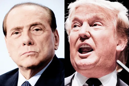Portretten van Silvio Berlusconi (links) en Donald Trump (rechts), met een filterbewerking die voor overbelichting zorgt.