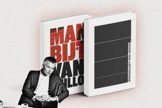 Beeldmontage van Christian Van Thillo met op de achtergrond het door DPG Media geblokkeerde boek 'Man bijt Van Thillo'