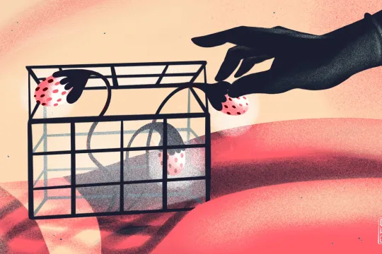 Illustratie van een gehandschoende hand die reikt naar een soort kweekserre met eierstokken.