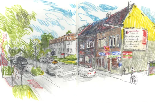 Tekening van een krantenwinkel