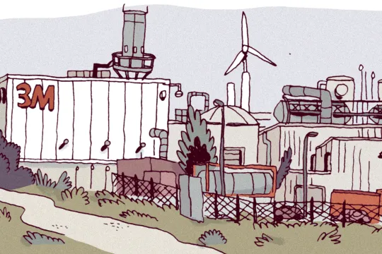 Tekening van de fabriek van 3M in Zwijndrecht uit de stripreportage 'Leven op vergiftigde grond' uit Apache Magazine #12