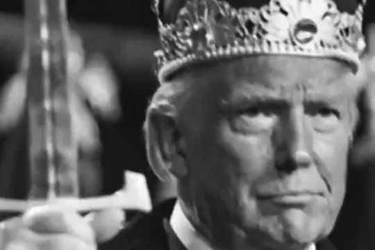 Zwart-wit beeld van Trump met kroon en zwaard