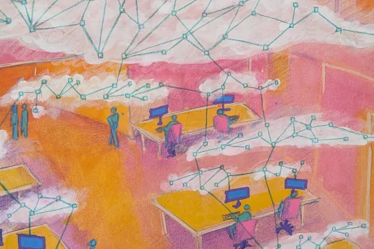 Een roze en gele abstracte afbeelding van een kantoor met mensen die werken, praten en rondlopen. Boven hun hoofden hangen wolken van netwerkverbindingen. Het is geschilderd met guache en getekend met potloden. 