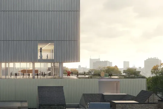 Een impressie van het ontwerp van Christ & Gantenbein Architects en Bovenbouw Architecten voor het nieuwe Muhka. We zien het dakterras en een aantal kunstwerken door de ramen van de geribbelde gevel van het gebouw. De plannen zijn definitief opgeborgen.