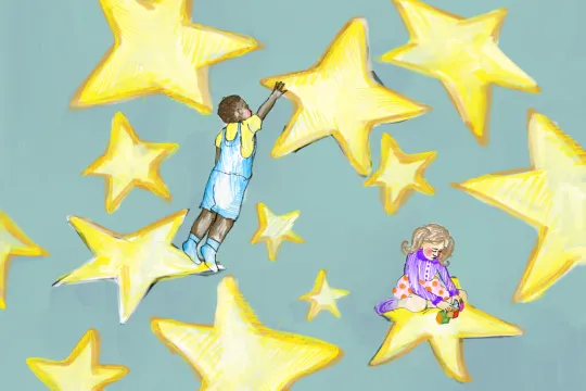 Illustratie van allemaal sterren, met in het midden twee jonge kinderen. Een zwart kindje reikt naar een ster, het wit kindje speelt met blokken, zittend op een ster. 