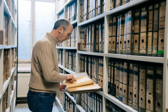 Francois Kervyn, hoofd van de afdeling Natuurrampen en Cartografie, gefotografeerd in het geologisch archief van het Koninklijk Museum voor Midden-Afrika in Tervuren.