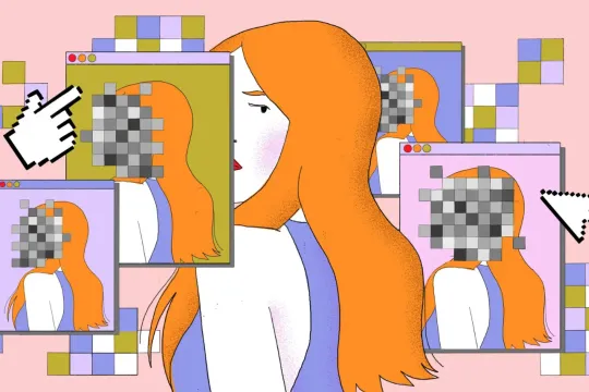 Een tekening van een vrouw die op verschillende schermpjes wordt gereproduceerd, waarbij haar gezicht deels geanonimiseerd wordt.