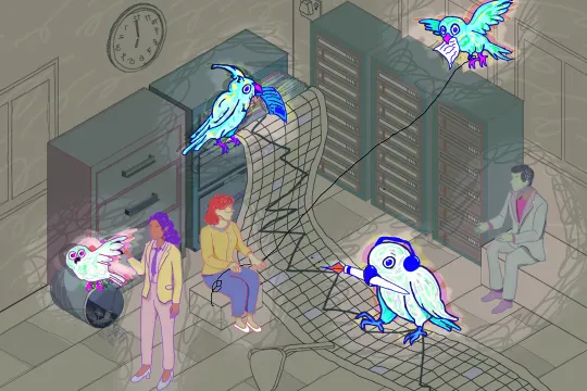 Illustratie van een surrealistische kantoorscène waarin neonvogels interactie hebben met digitale elementen rondom drie personen bij servers en archiefkasten; één vogel schrijft op een digitaal raster, een andere draagt een vel papier.