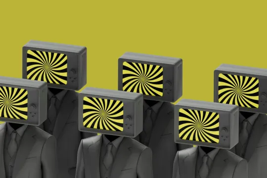 Zes figuurtjes staan naast elkaar, in maatpak maar met een tv-scherm als gezicht.