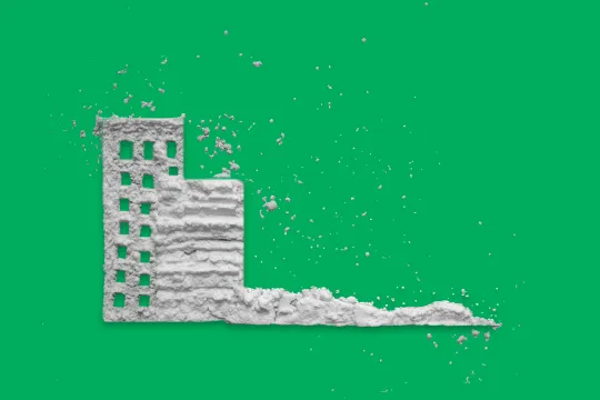 Groene achtergrond met gebouwen van cocaïne-achtig poeder