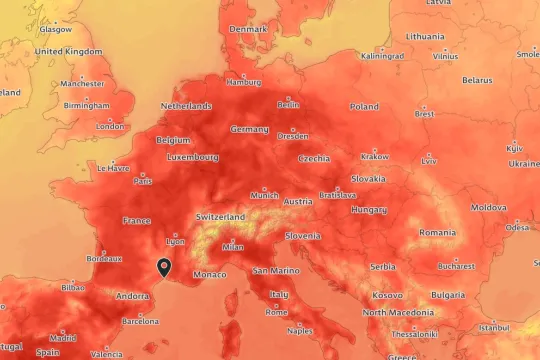 Screenshot van een hittekaart van Europa. 