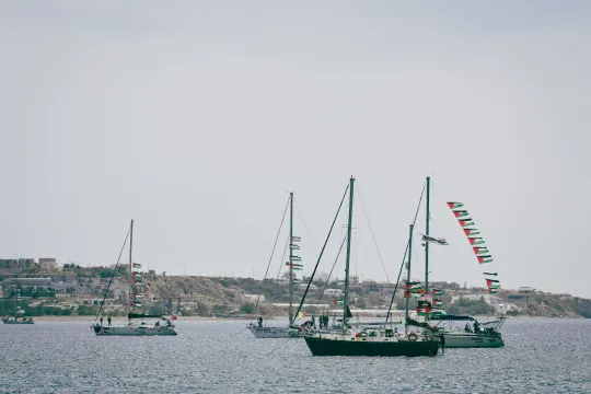 Verschillende schepen met Palestijnse vlaggen.