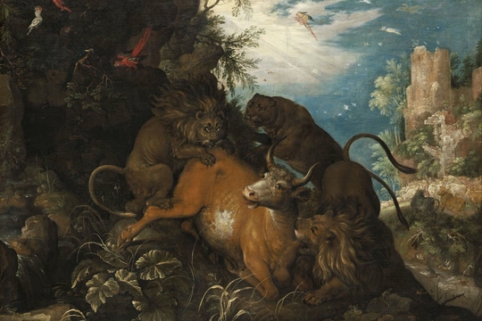Landscape with Attacking Lions a Cow