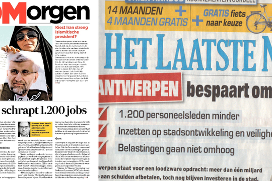 De Morgen van 14/06 en de 'gratis' Het Laatste Nieuws in Antwerpen (begin juni)