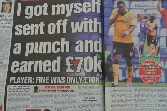De Engelse voetballer Sam Sodje beweerde eind vorig jaar in The Sun on Sunday dat hij 70.000 pond kreeg voor het ontvangen van een rode kaart.