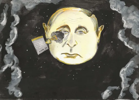 Tekening van het neergestorte Russische Loena-25 vaartuig op de maan, die het gezicht van Poetin heeft.