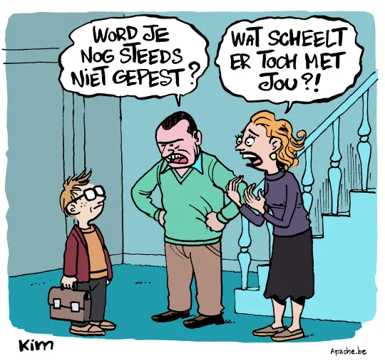 Vader en moeder geven hun zoontje een veeg uit de pan: 'Word je nog steeds niet gepest?' 'Wat scheelt er toch met jou?!'