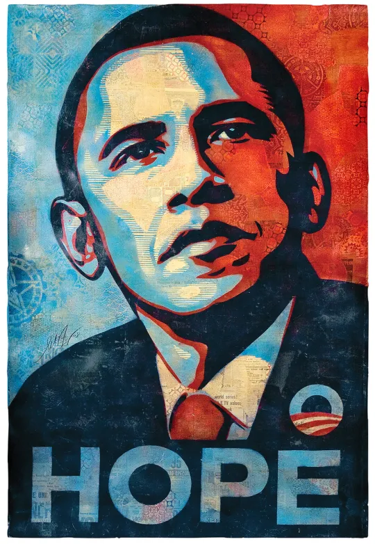 Poster door Shepard Fairey met Barack Obama en opschrift 'Hope'