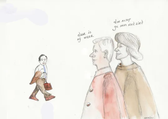 Cartoon van Katrien: Bart De Wever arriveert op het paleis. Koning Filip zegt tegen koningin Mathilde: 'Daar is hij weer'. Mathilde antwoord: 'Doe alsof ge hem niet ziet'