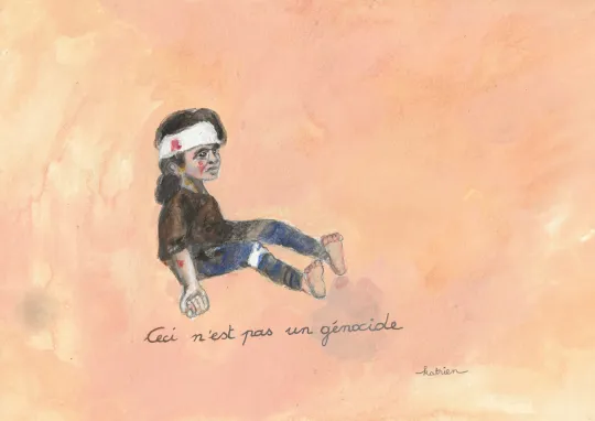 Tekening door Katrien van een kind met een hoofdwonde en het onderschrift 'Ceci n'est pas un génocide'
