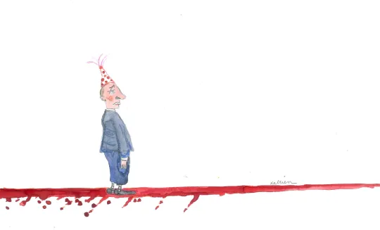 Poetin viert drie jaar oorlog: met een feesthoedje staat Poetin op een rode loper gemaakt uit bloed