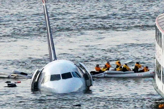 Meerdere mensen zitten met reddingsvesten aan in een klein bootje op de zee, naast een neergestort vliegtuig. 