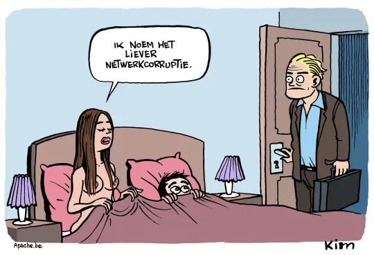 Een man wandelt zijn slaapkamer binnen en ziet zijn vrouw in bed met een ander. "Ik noem het liever netwerkcorruptie", zegt zij. 