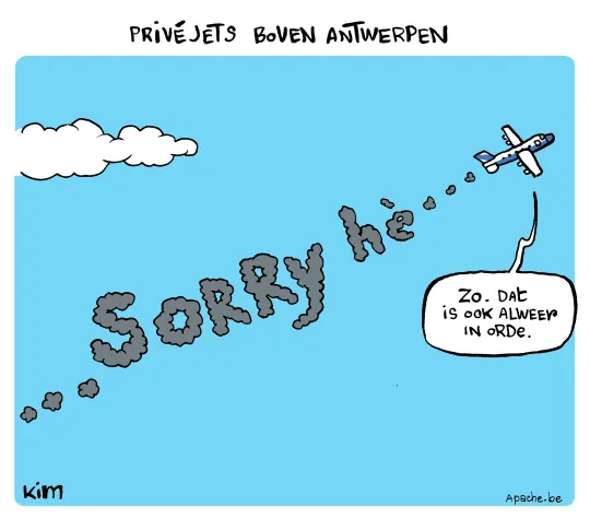 Een vliegtuigje laat met rook de boodschap 'sorry, hé' achter in de lucht en zegt 'Zo, dat is dan ook weer gebeurd'.