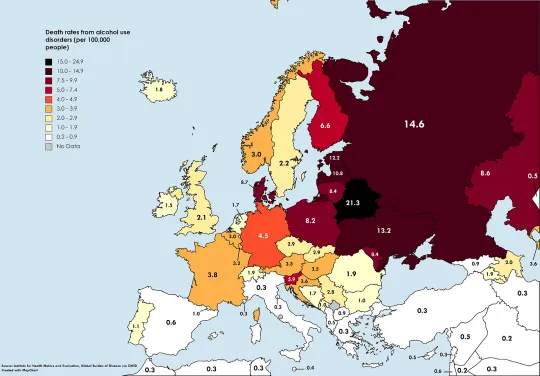 Kaart van Europa die per land aangeeft welk percentage personen sterft als gevolg van alcoholmisbruik.