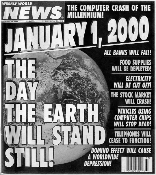 Cover van een nieuwstijdschrift dat vooruitblikt op 1 januari 2000, 'The day the earth will stand still!'