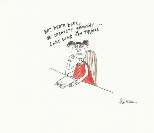 Een meisje zit aan tafel over een lijstje gebogen en zegt: 'Het beste boek, de strafste genocide ... 2025 was een topjaar'. 