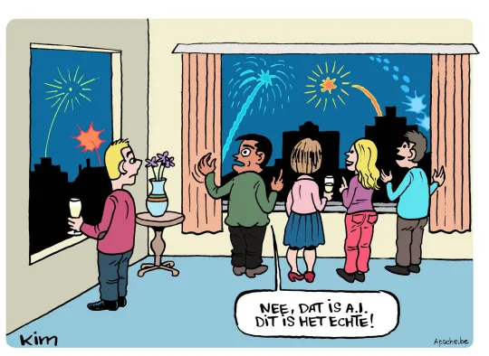 Een groep mensen kijkt vanuit een woonkamer naar het vuurwerk. Een van hen staat aan een ander raam als de rest en wordt daarop aangesproken: 'Nee, dat is AI (vuurwerk). Dit is het echte!'