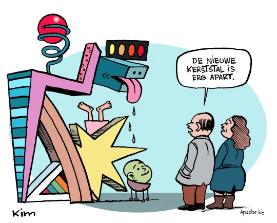 'De nieuwe kerststal' zegt een man tegen de vrouw naast hem, terwijl ze naar een soort absurdistisch kunstwerk kijken. 