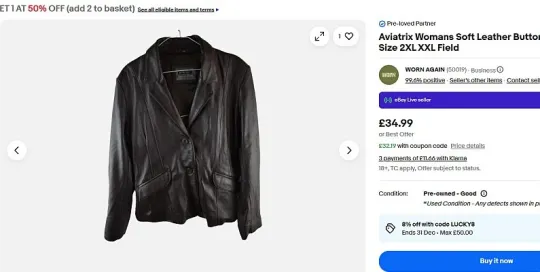 Screenshot van een verkoopspagina op eBay, waar een zwart leren jasje wordt aangeprezen.