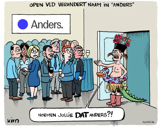 Open Vld verandert naam in 'Anders'. Halfnaakte man met een bloempot op zijn hoofd en een krokodillenstaart vraagt aan een zaal saai geklede zaal 'Noemen jullie dát anders?'