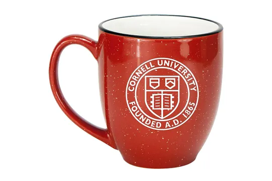 Een koffiebeker met de tekst 'Cornell University, founded A.D. 1865'. 