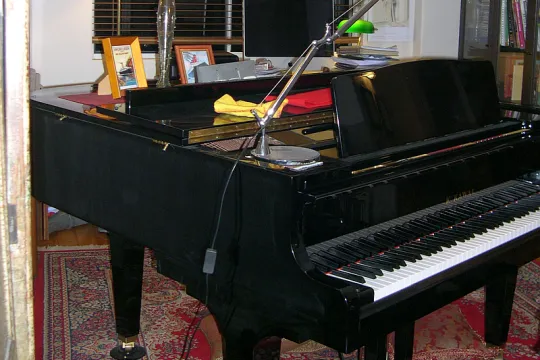 Grote zwarte piano van het merk Kawai in een woonkamer. 