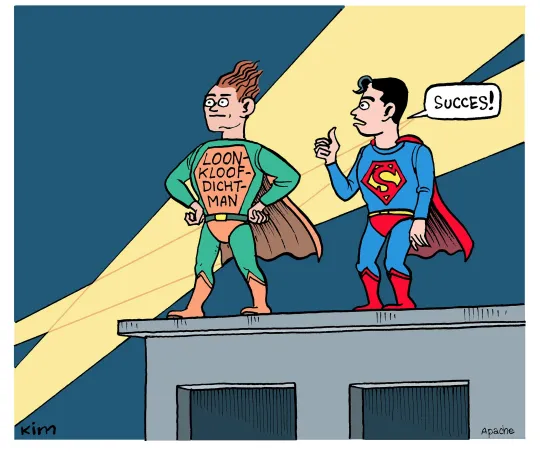 Twee superhelden staan op een dak. Link 'loonkloofdichtman' en rechts superman, die hem succes wenst. 