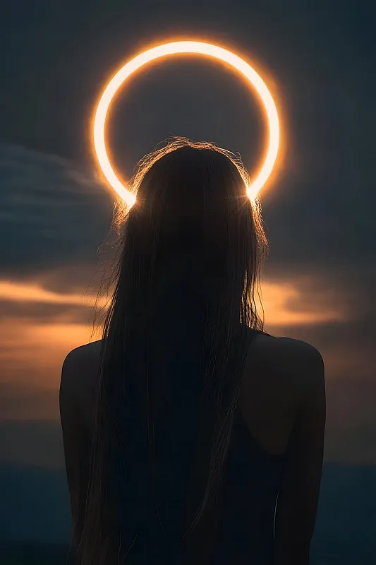 Achteraanzicht van een persoon in het donker, met voor haar, hem of hun een lichtgevende halo.