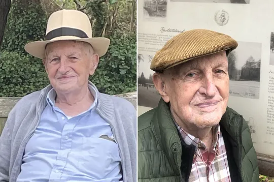 Twee verschillende foto's van de vader van Koen Smets, telkens met een andere hoet. 