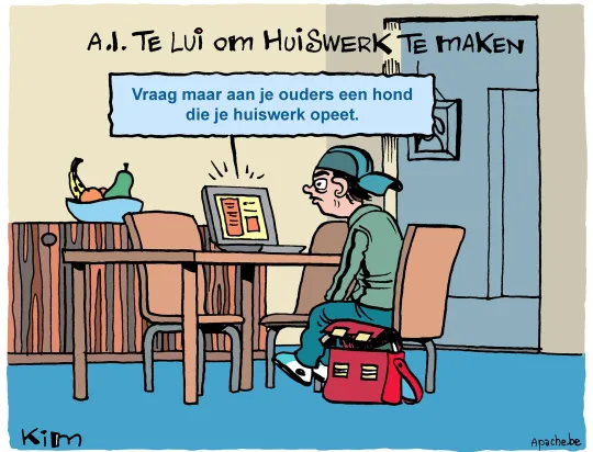 A.I. te lui om huiswerk te maken. Een leerling zit thuis voor een computer. Een AI-toepassing zegt hem: "Vraag maar aan je ouders een hond die je huiswerk opeet."